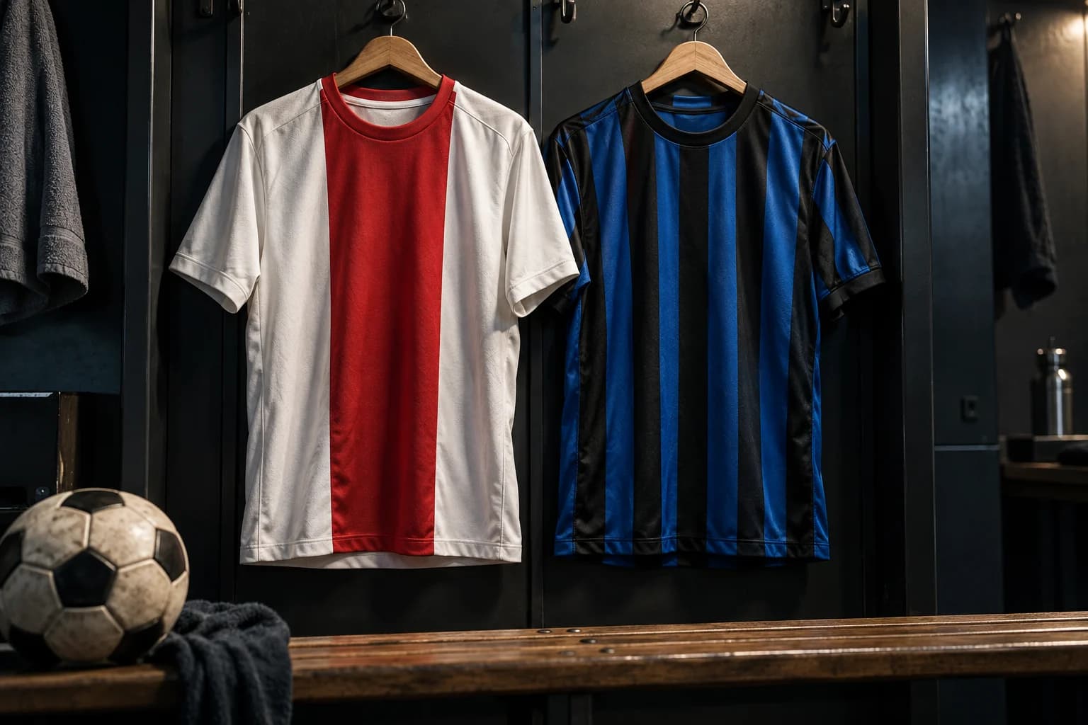 Maillots rouge et blanc et bleu et noir dans un vestiaire de football — illustration générée