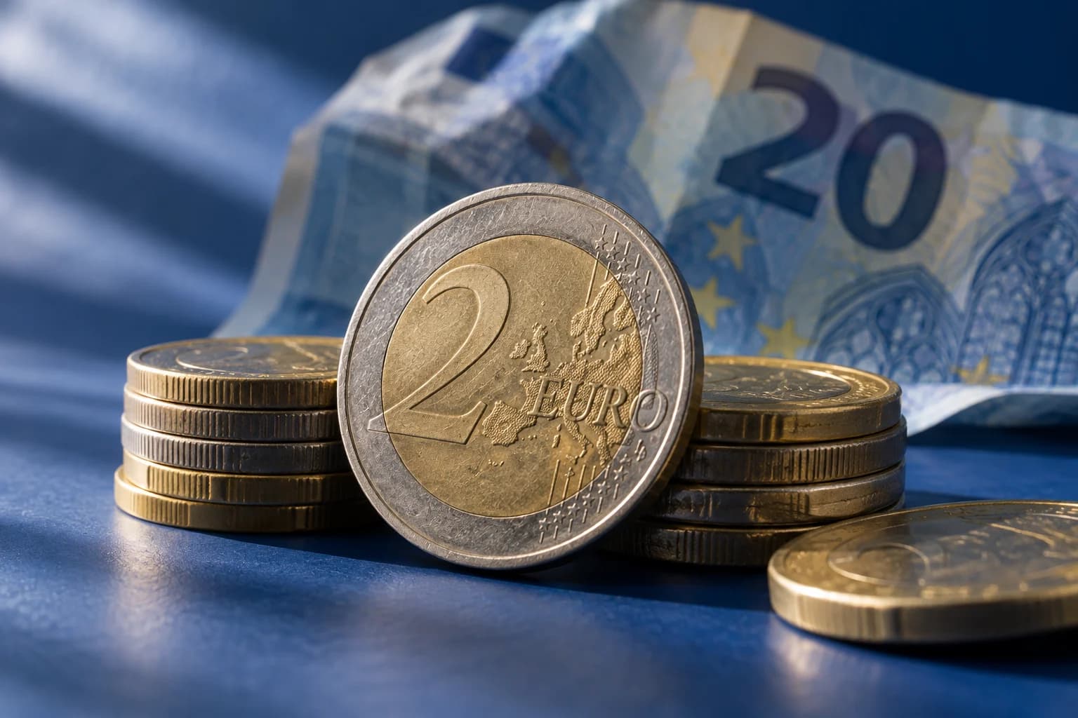 Gros plan de pièces en euros et d’un billet bleu — illustration générée