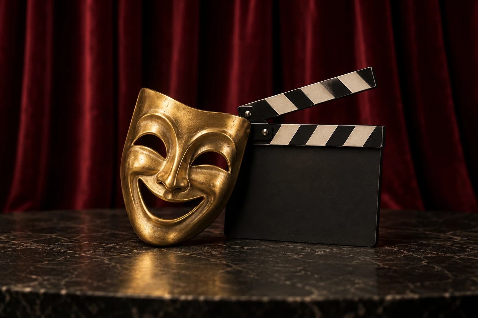 Masque de comédie doré et clap de cinéma devant un rideau rouge, illustration créée par IA.
