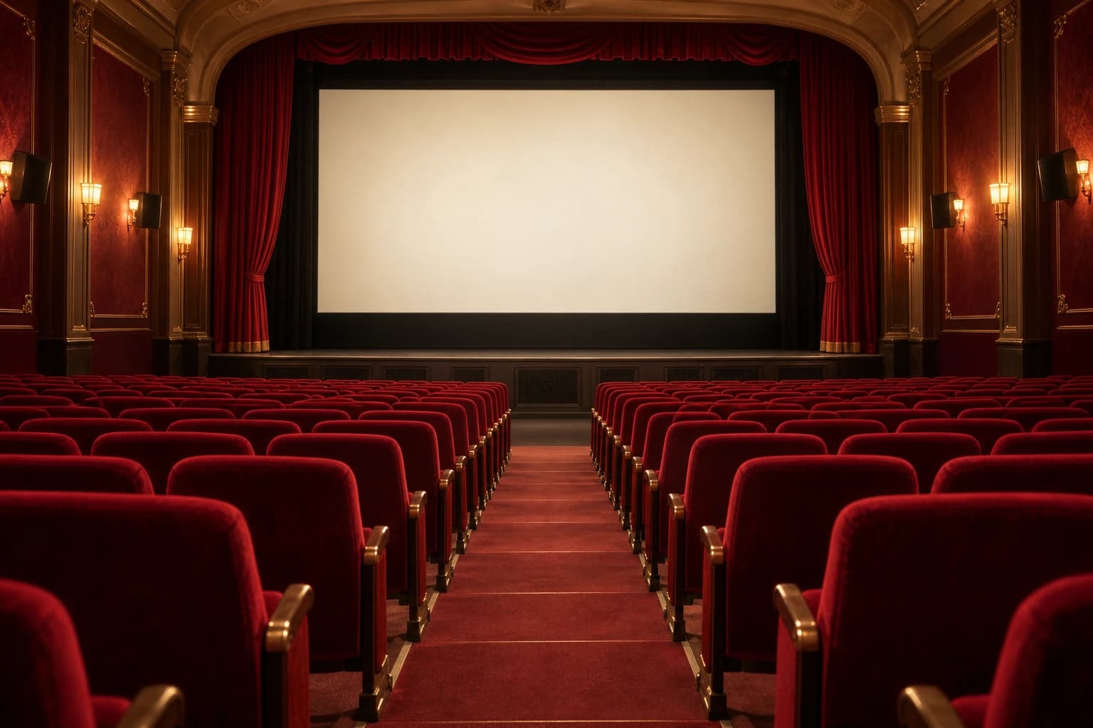 Salle de cinéma vide aux fauteuils rouges et à l’écran lumineux, illustration créée par IA.