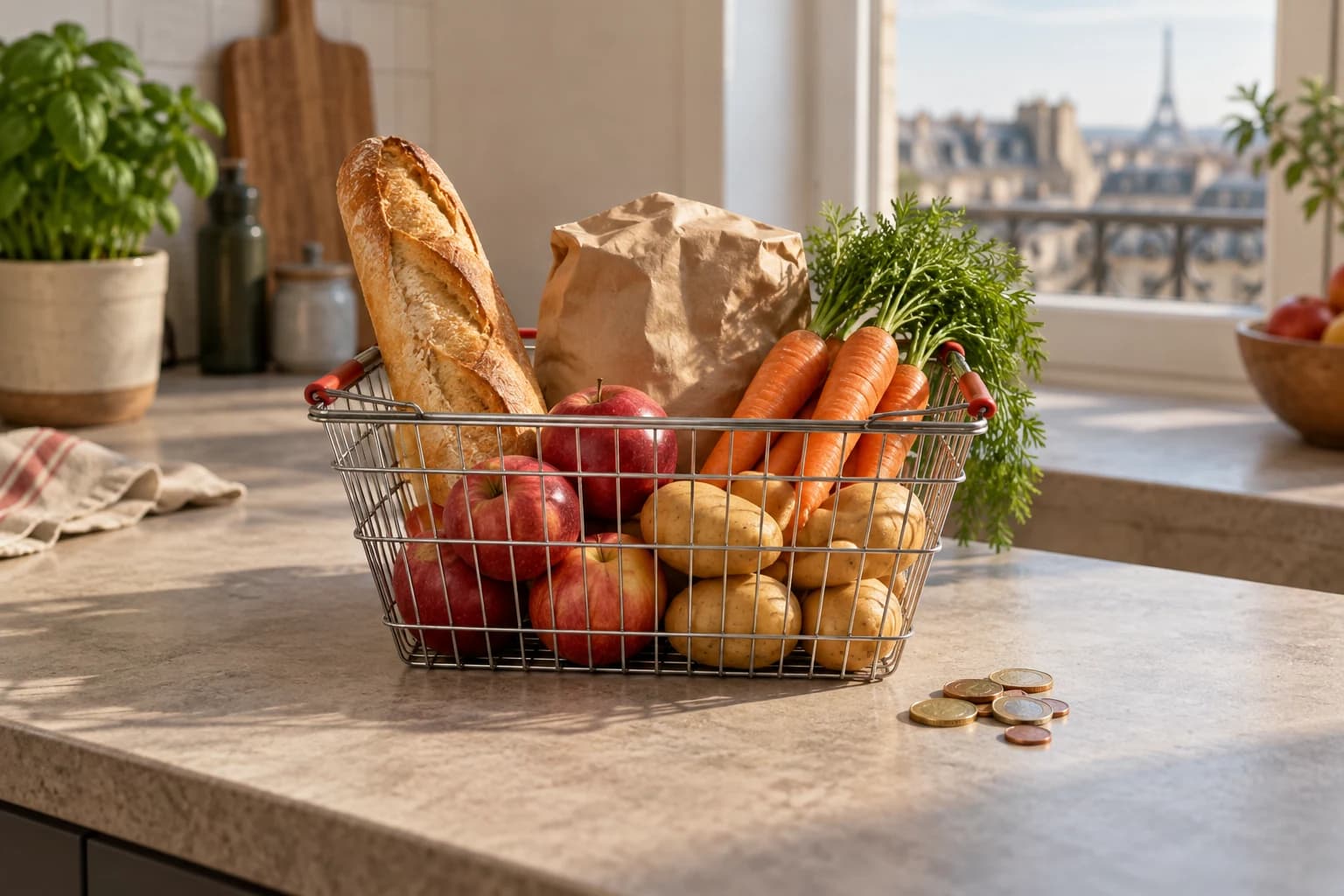 Panier de courses alimentaires et pièces en euros sur un comptoir