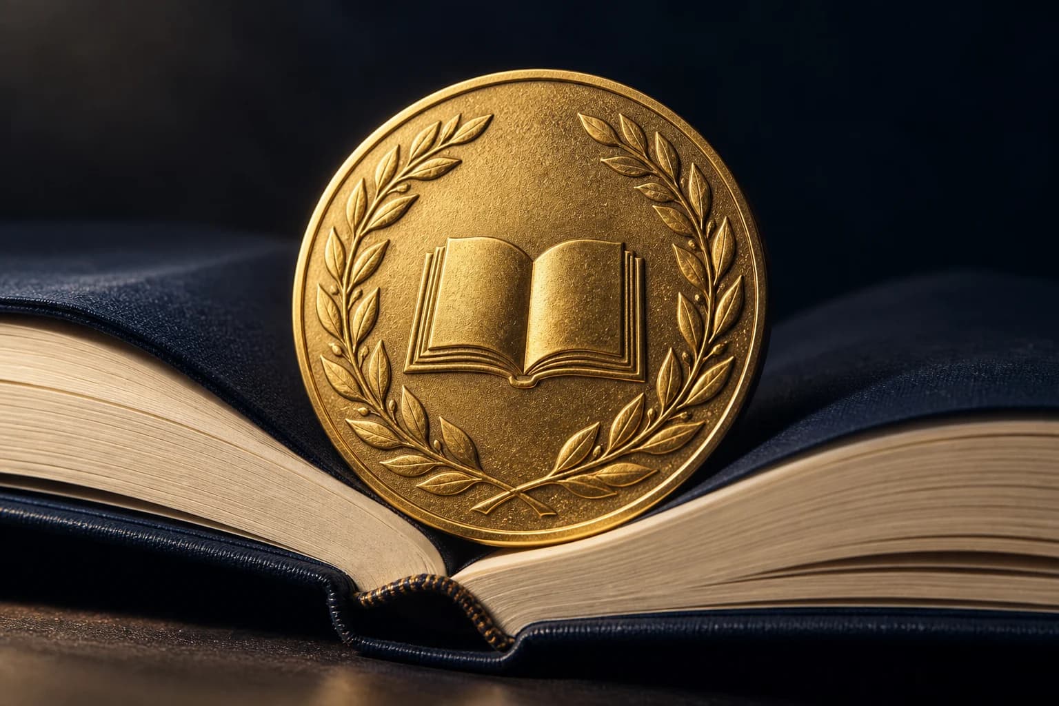 Médaille dorée symbolique posée sur un livre ouvert — illustration générée