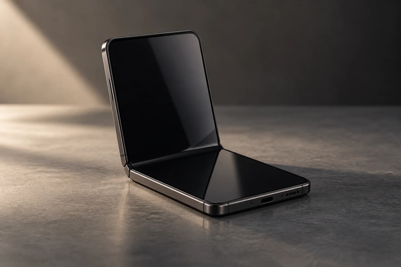 Illustration IA d’un smartphone générique pliable entrouvert, posé sur une surface de studio